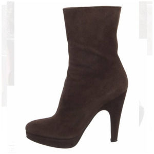 Prada Chocolate Brown Suede Platform Heeled Mid Calf Boots